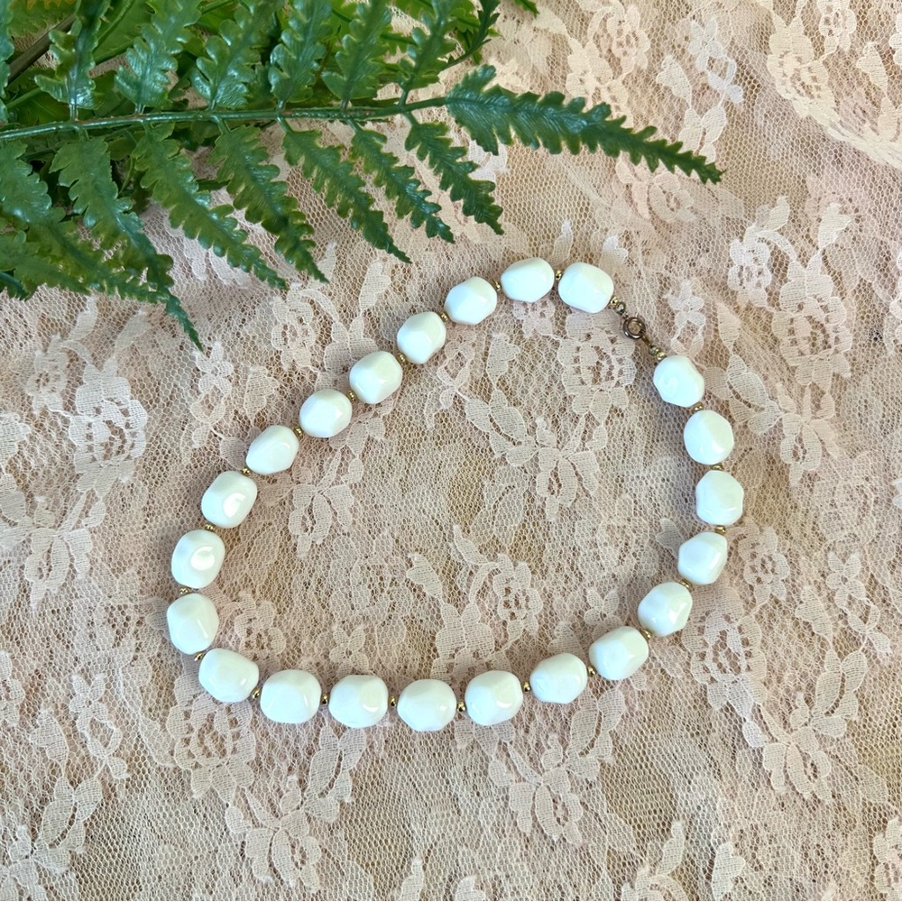 Vintage White & Gold Beaded Costume Jewelry Choker Necklace